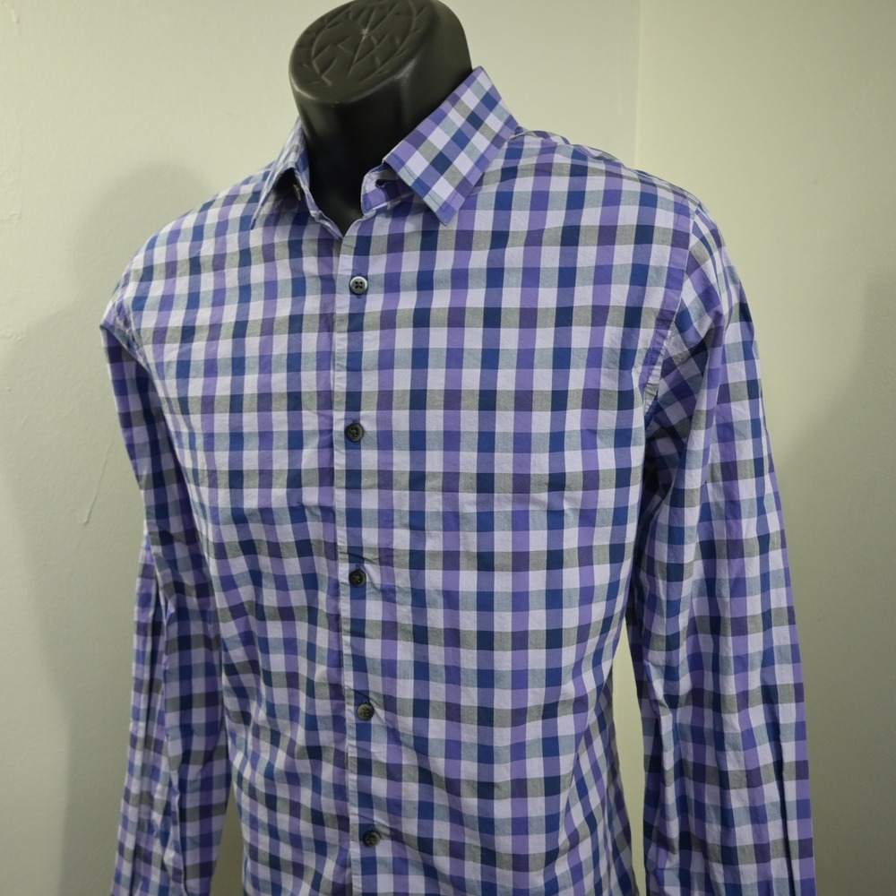 Express Button Up Mens Large Extra Slim Fit Purple Gingham Plaid Long Sleeve